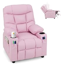 GLACER Kids Recliner Chair w/Cup Holder & Side Pockets, Children Recliner w/Comfortable Backrest, Armrests & Footrest, Toddler PU Leather Recliner for Boys Girls, 3+ Age Group Pink