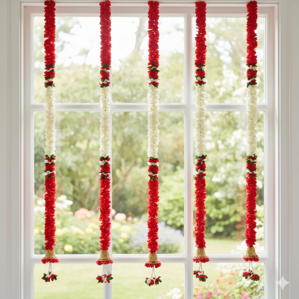 Guirlande en tissu artificiel rouge pour décoration de mariage et Diwali en lot de 5