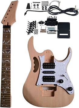 Unfinished DIY Electric Guitar Kit Set Electric Guitar Kits in IBZ Style - Mahogany Body and Neck - Rosewood Fingerboard and All Components Included QH-7V01