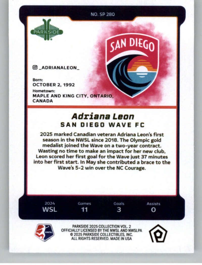 2025 Parkside NWSL Short Print (Vol. 2) #SP280 Adriana Leon San Diego Wave FC Official Soccer Card in Raw (NM or Better) Condition