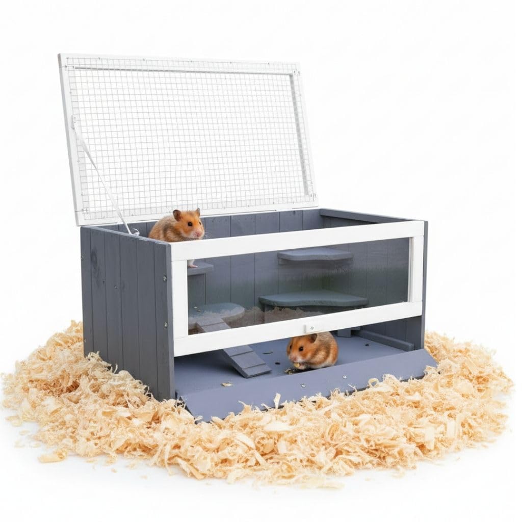 Melko Nagerkäfig aus Holz Grau/Weiß 60 x 35 x 30 cm – Kleintierstall mit Plexiglasfront & Gitterdeckel, inkl. Haus und Trinkflaschenhalter – Hamsterkäfig, Mäusekäfig, Kleintierhaus