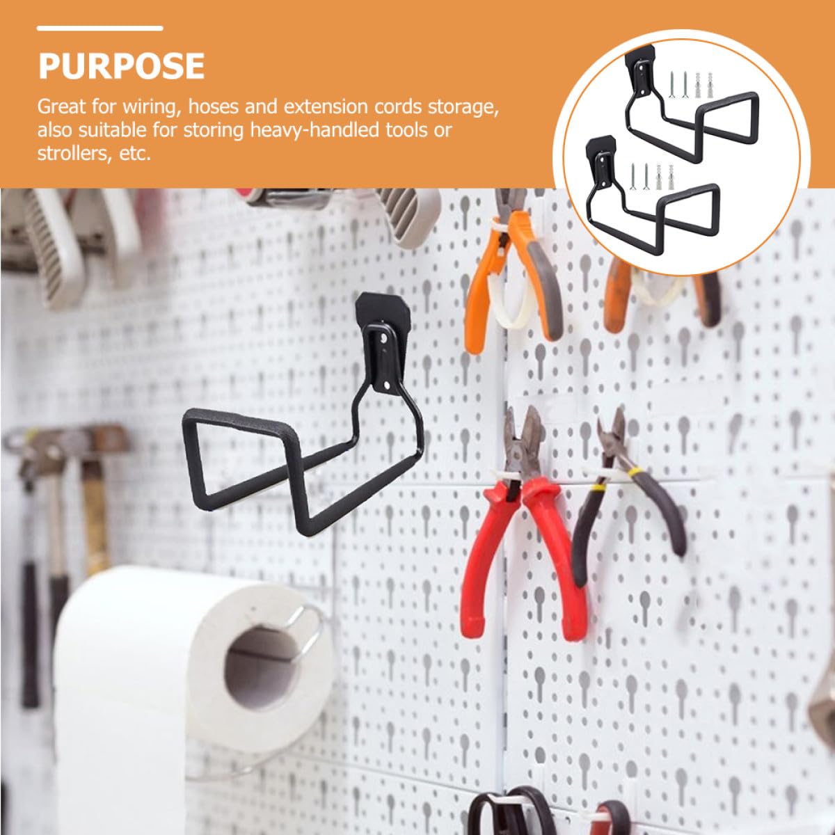 Ciieeo Ganchos de Garaje para Montaje en Pared, Gancho Multiusos de Hierro, Resistente Corrosión, para Cables y Herramientas, 2 Piezas