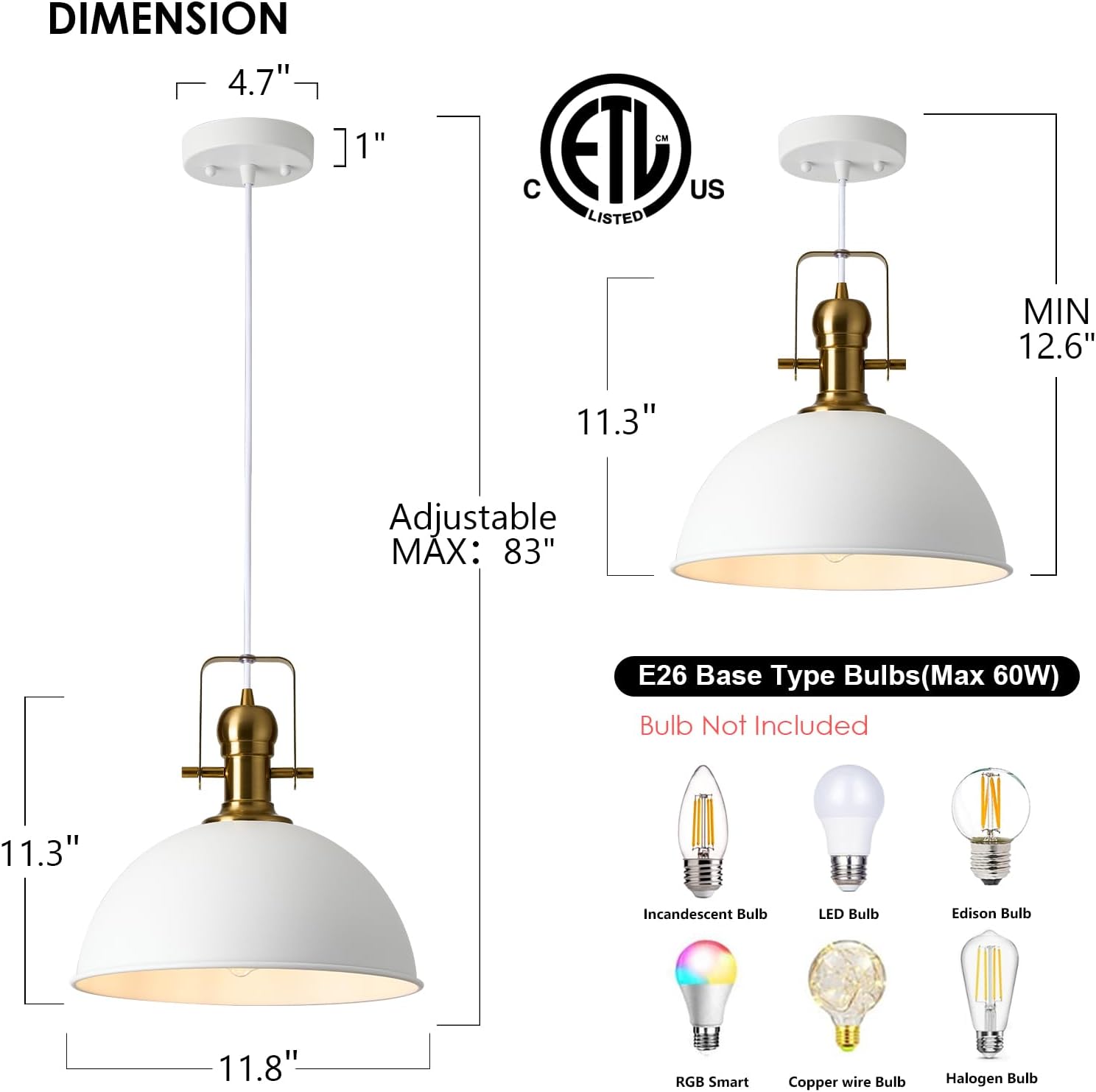 12 Inch Sandy White Farmhouse Pendant Lights for Kitchen Island Industrial Adjustable Height Vintage Dome Hanging Light Fixtures for Barn,Dining Room 1 Pack