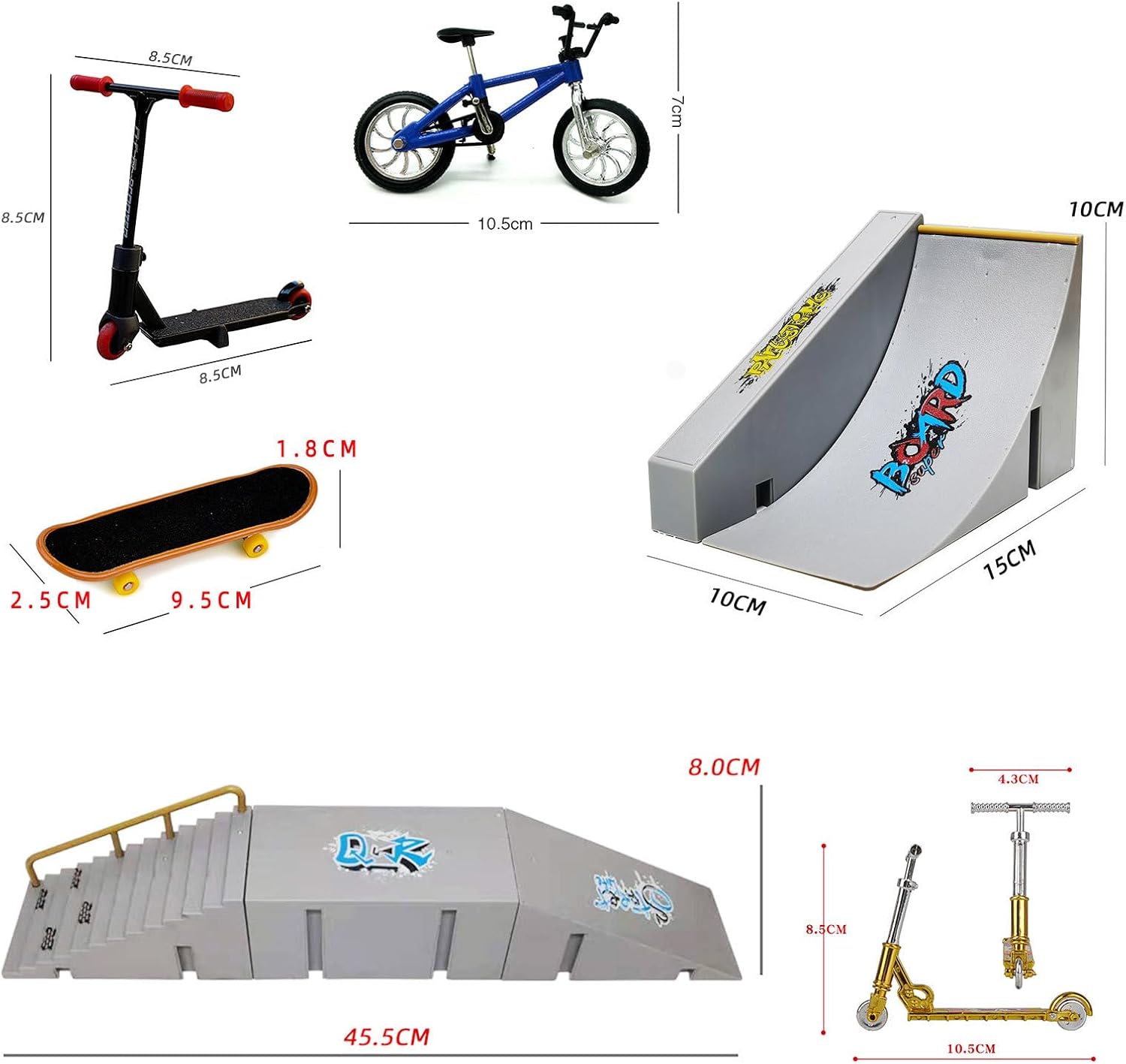 Generico Finger Skateboard Ramp Set | Skate Park Kit | Mini Educational Toy Set, Includes Ramps, Minibikes, Scooters, Skateboards, Activity Panels, Finger Pants Etc