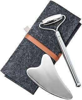 Face Roller and Gua Sha Set - Stainless steel Mini Eye Roller set, Face Massager for Wrinkles, Anti Aging Facial Roller - Authentic, Durable, Noiseless Design