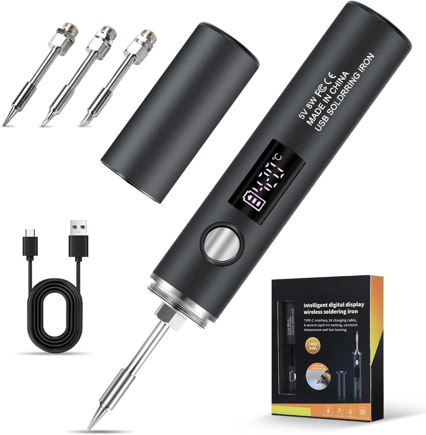 Soldador Estaño Inalámbrico,estañador,Kit de Soldador Recargable USB | Lápiz soldador pantalla digital con luz LED,Temperatura ajustable, 3 puntas intercambiables para reparación electrónica & DIY