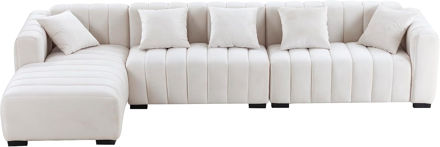 KEIKI 139" L-Shape Velvet Modular Sectional Sofa with Left Chaise Lounge, Modern Style Upholstered Oversized Reversible 3-Seater Channel Tufted Couch, Easy Assembly, for Apartment, Living Room, Beige