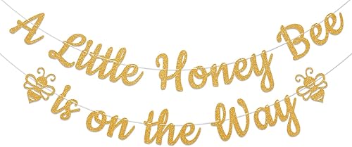 Cartel con texto en inglés "A Little Honey Bee is on the Way", pancarta dorada con purpurina para el Día de la Abeja, temática de Bumble Honey para