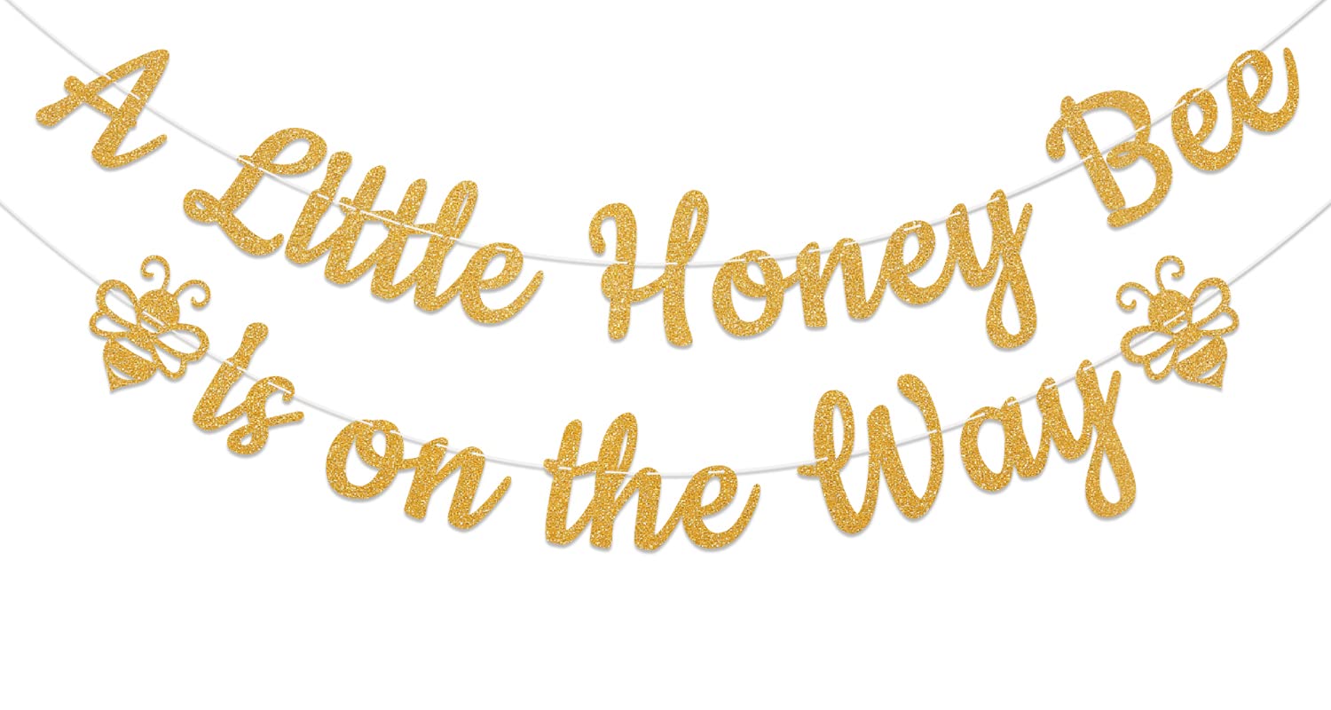 A Little Honey Bee is on the Way Banner, Gold Glitter Happy Bee Day Banner, Bumble Honey Theme Pregnancy Announcement Baby Shower Decorations