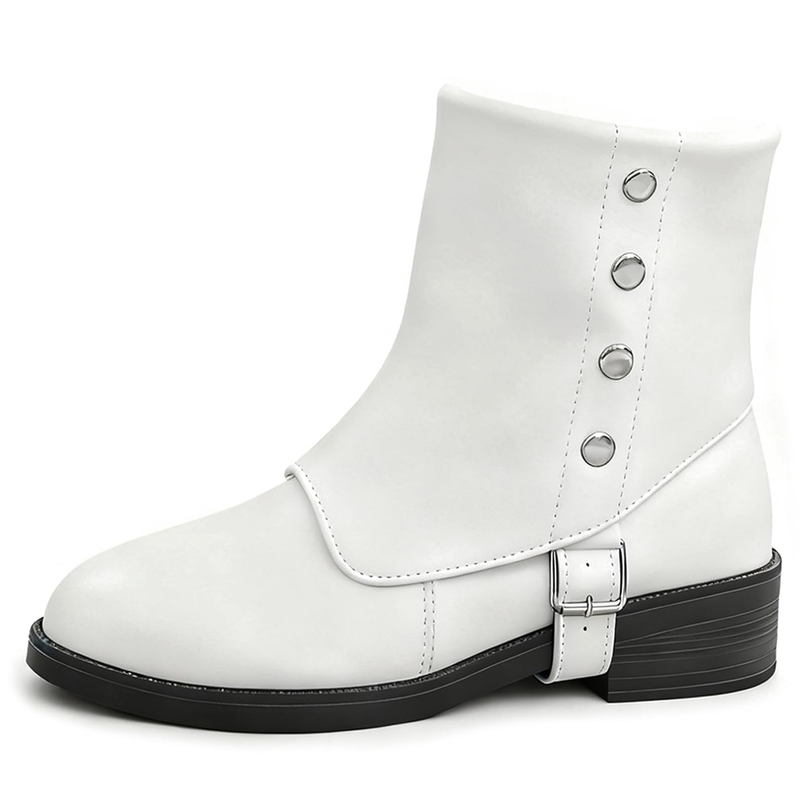 Womens Leather Chunky Low Heel Slip On Ankle Boots Fashion Round Toe Studded Buckle Decor Comfortable Booties Fall