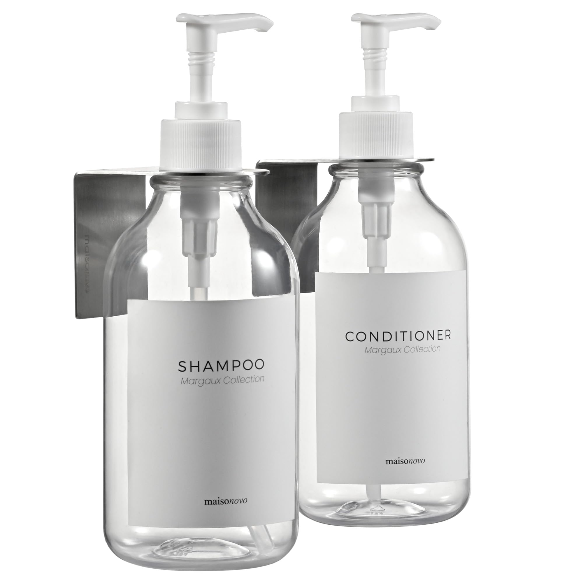 MaisoNovo Shampoo and Conditioner Dispenser - Set of 2 Shower Soap Dispenser Wall Mounted - 500ml Clear Plastic Bottles with White Pump - No Drill Shower Gel Dispenser