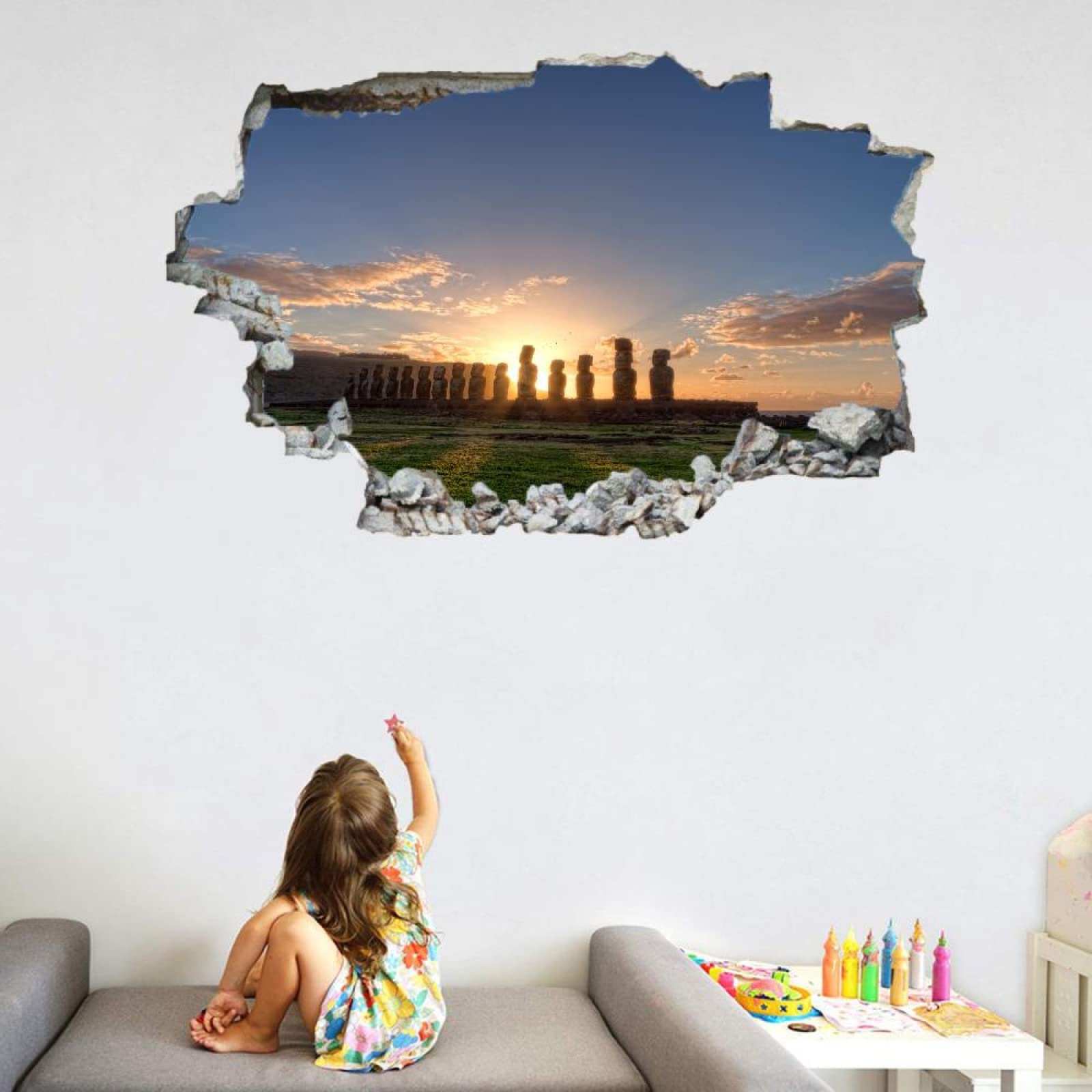 Tatuajes De Pared Wall Tattoo 3D Smashed Arquitectura Adhesivo De Pared Extraíble Calcomanías Murales Para Habitaciones Atardecer Niñas Niños Dormitorio Mural Decoración Para El Hogar 80x120cm