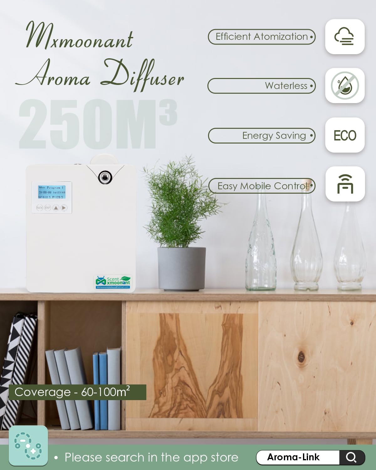 Mxmoonant Difusor de Aceite Esencial sin Agua, Que Cubre 80-120㎡, Botella de Aceite de 300ml, de Pared, App Control&Timer, HVAC Conectable, para Habitación Grande, Hotelaria, Restaurante | Control App y temporizador, compatible HVAC, gran pantalla LCD, pa