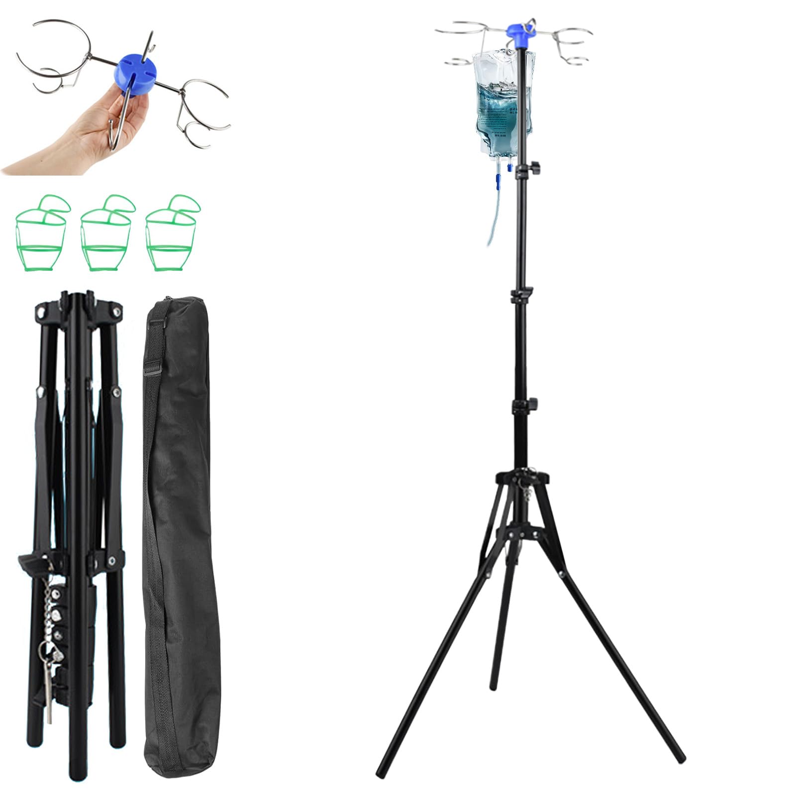Supporto regolabile per infusione, pieghevole, altezza regolabile 87-190 cm, scolapiatti con 4 ganci e pratico supporto per fiale, con treppiede stabile, per ospedale e cura domestica