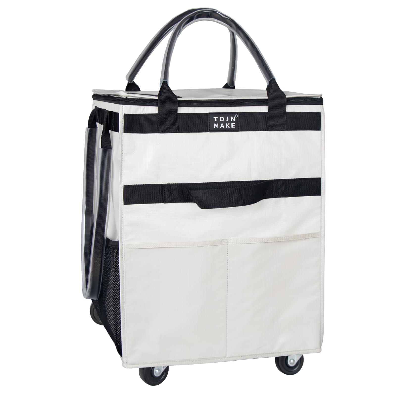 Reusable Grocery Bag On Wheels, Shopping Trolley, Rolling Tote with 8 Pockets and Zipper Cover, Foldable, Heavy Duty Handles, Carries Up to 46 LBS (