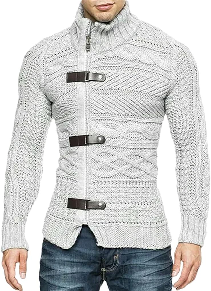 Men's High Neck Zipper Buckle Knitted Sweater Cardigan Solid Color Casual Loose Oversized Knitted Cardigan Jacket