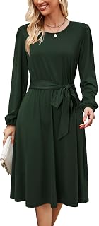 Womens Long Sleeve Casual Dresses 2025 Business Work Teacher Fall Church Belted A Line Flowy Midi Dress