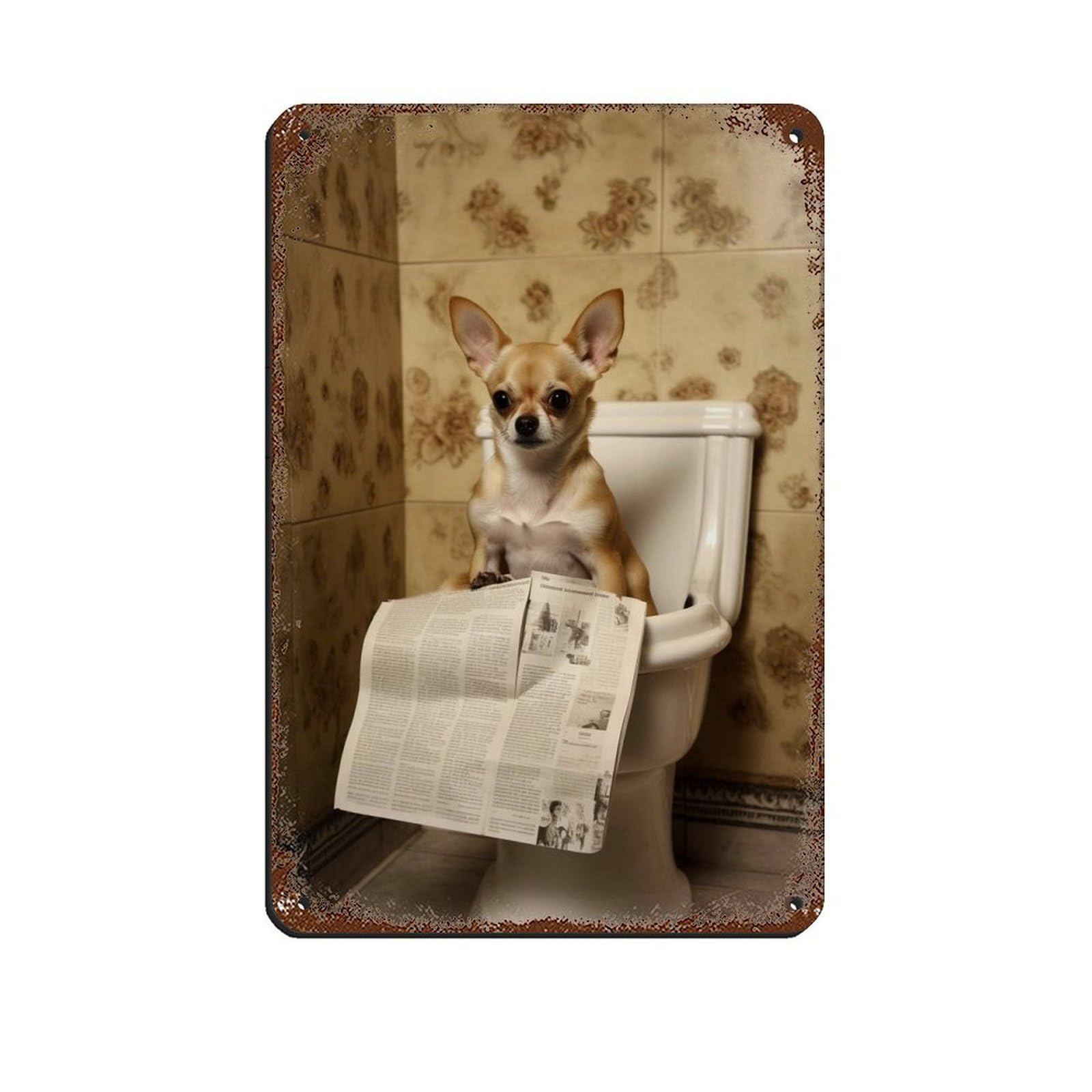 Chihuahua on Toilet Reading The Newspaper Retro Poster Metal Tin Sign Chic Art Retro Iron Painting Bar People Cave Cafe Family Garage Poster Wall Decoration 8x12inch(20x30cm)