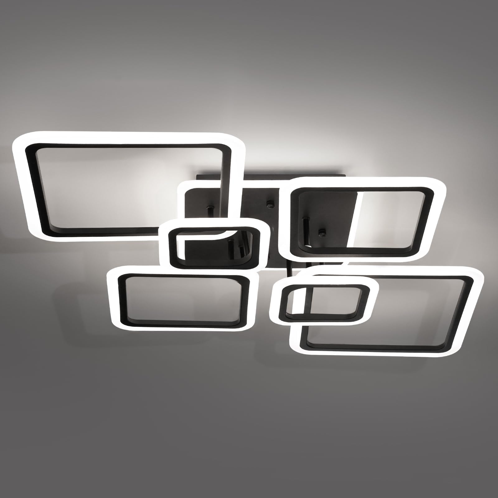 Modern Ceiling Light, 36.2'' LED Dimmable Acrylic Square 6+1 Rings Ceiling Lights with Remote, Black Flush Mount Ceiling Light Fixture for Low Ceiling Bedroom Living Room Dining Room, 130W