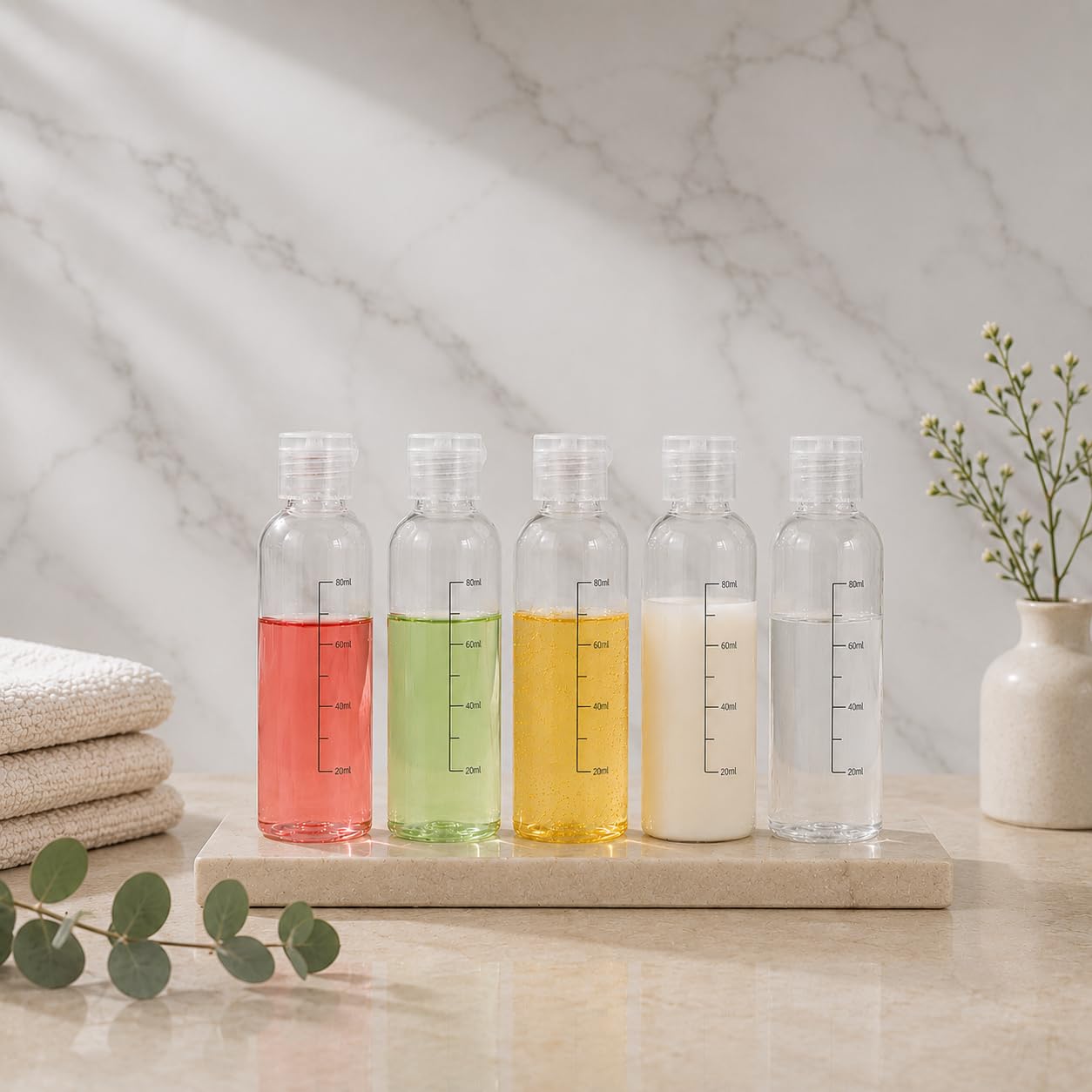 Bottiglie da viaggio 100ml,5 PCS flaconi da viaggio vuoti trasparenti per aereo,Kit Contenitori Viaggio Liquidi in plastica, flacone trasparente per shampo ，lozione， tonico viso, gel,Olio solare