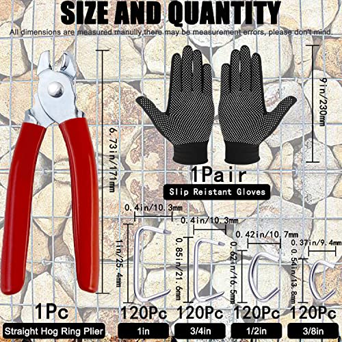 Image of 480Pcs 3 /4 inch 1 /2 inch 3 /8 inch 1 inch Galvanized Hog Rings with Straight Hog Ring Pliers Assortment, Professional Upholstery Hog Rings Installation Kit for Bungee Shock, Cords, Animal Pet Cages, Bagging