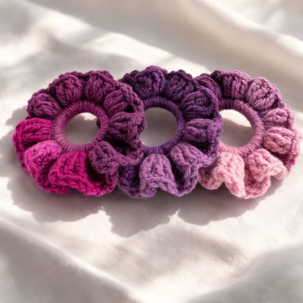 Handmade Crochet Scrunchies – Soft Knitted Hair Ties for Women & Girls, Stretchy Colorful Hair Accessories, Cute Boho Flower Design, Pack of 3 (Pink & Purple Gradient)-image-46