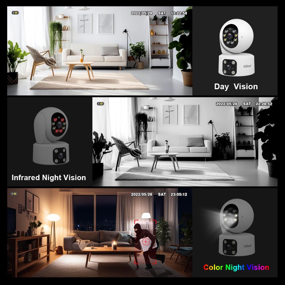 OBA SriHome Telecamera di Sicurezza PTZ Doppio Obiettivo, Visione Notturna, Audio Full HD, Memoria SD, IP66 Impermeabile, per Casa/Ufficio