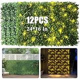 Artificial Boxwood Wall Panels with Lights, 12 Pack 24'x16' High‑Density Greenery Wall Panels for Privacy Fence Screen, Balcony Privacy & Greenery Backdrop Indoor Outdoor Decor