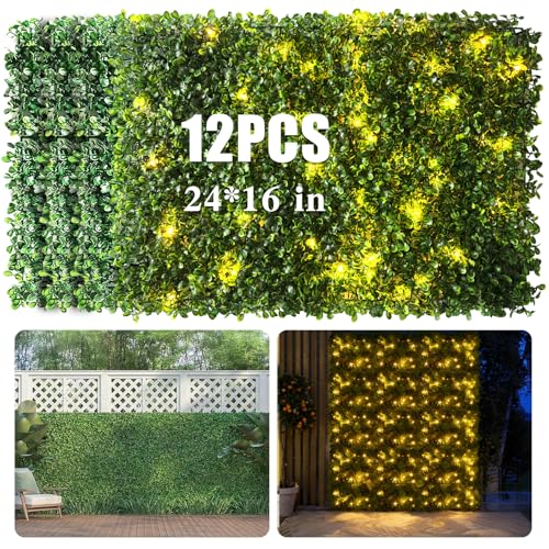 Artificial Boxwood Wall Panels with Lights, 12 Pack 24