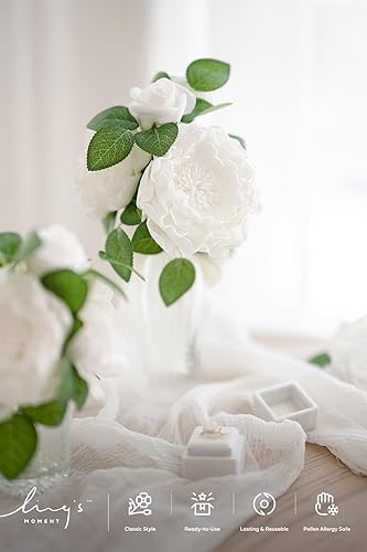 Miniatura 2 de Ling's moment Flores 16 piezas de Peonías Blancas en Flor Artificiales con Tallo, Flores Artificiales de Peonía para Centros de Mesa, Ramos y
