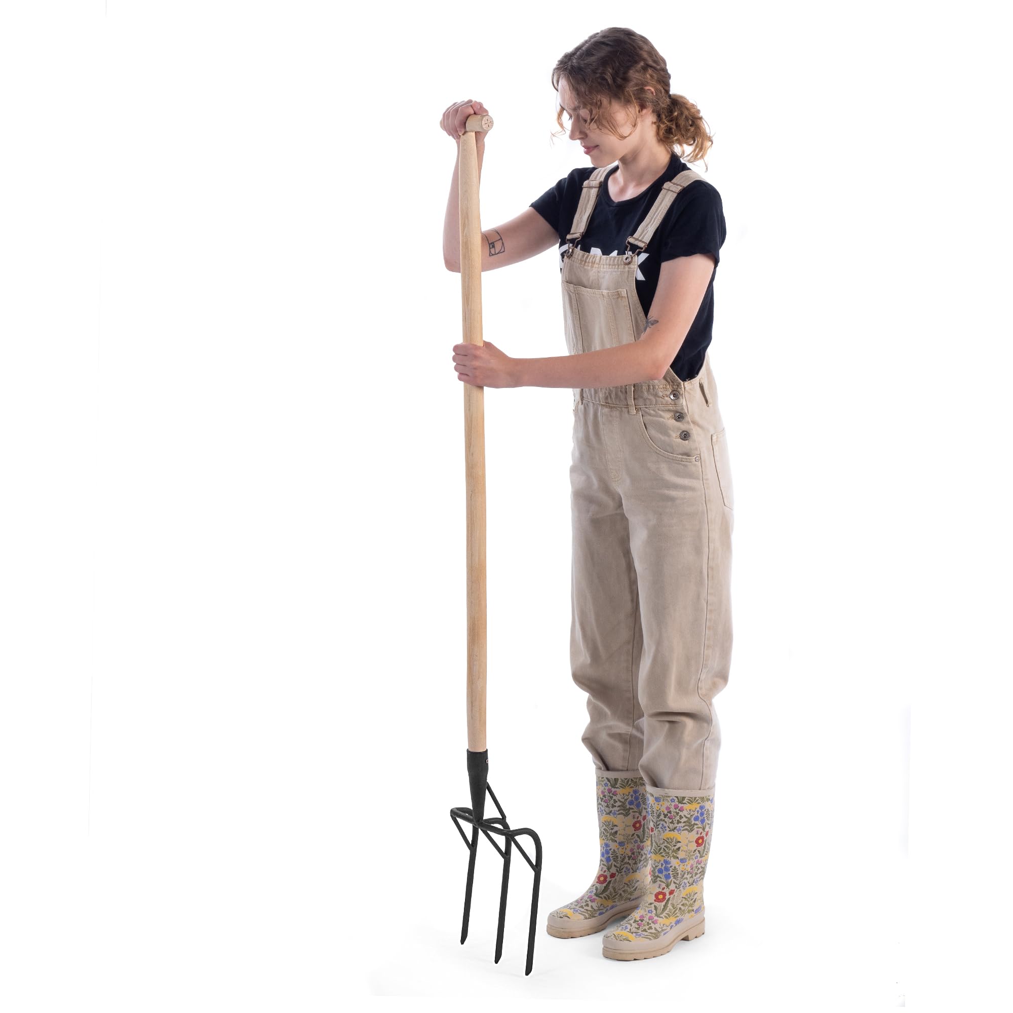 KADAX Fourche bêche avec tête en acier renforcé, 3 dents et poignée ergonomique en T, fourche de jardin pour ameublir et creuser les sols durs (avec manche)