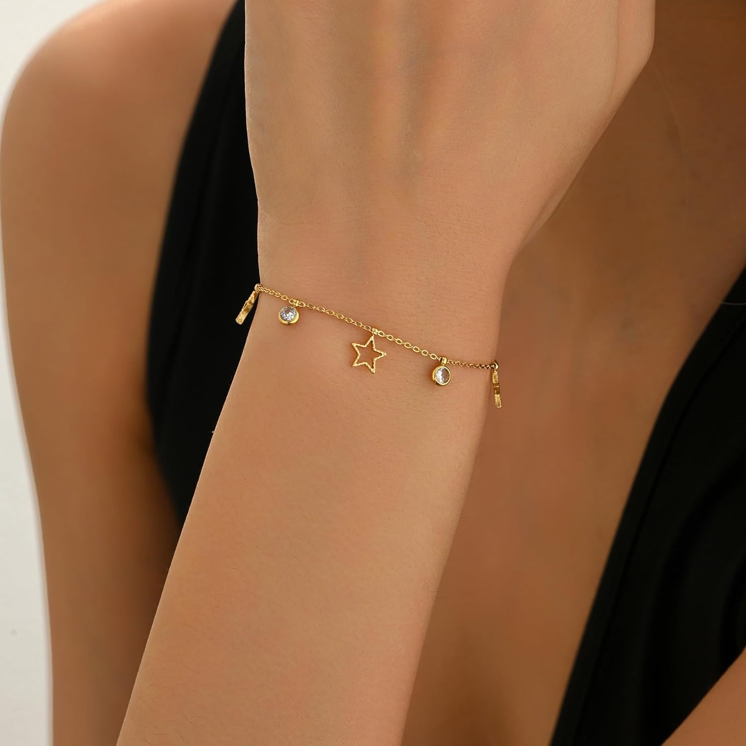 Gold Bracelet for Women 18K Gold Plated Diamond Charm Bracelets Dainty Star Flower Shell Dragonfly Dolphin Bracelet Cute CZ Charm Everyday Summer Beach Jewelry - Image 4