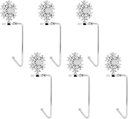 Miniatura 7 de CONMISE Juego de 6 soportes para calcetines de Navidad, soportes para calcetines de copo de nieve para manto, ganchos plateados para chimenea,