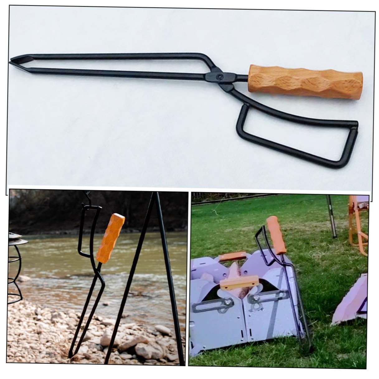 Morsetto per Carbone da Barbecue e Legna Manico in Legno | Picnic e Grigliate All’aperto, Ferro e Legno, Controlla Fuoco e Sposta la Legna