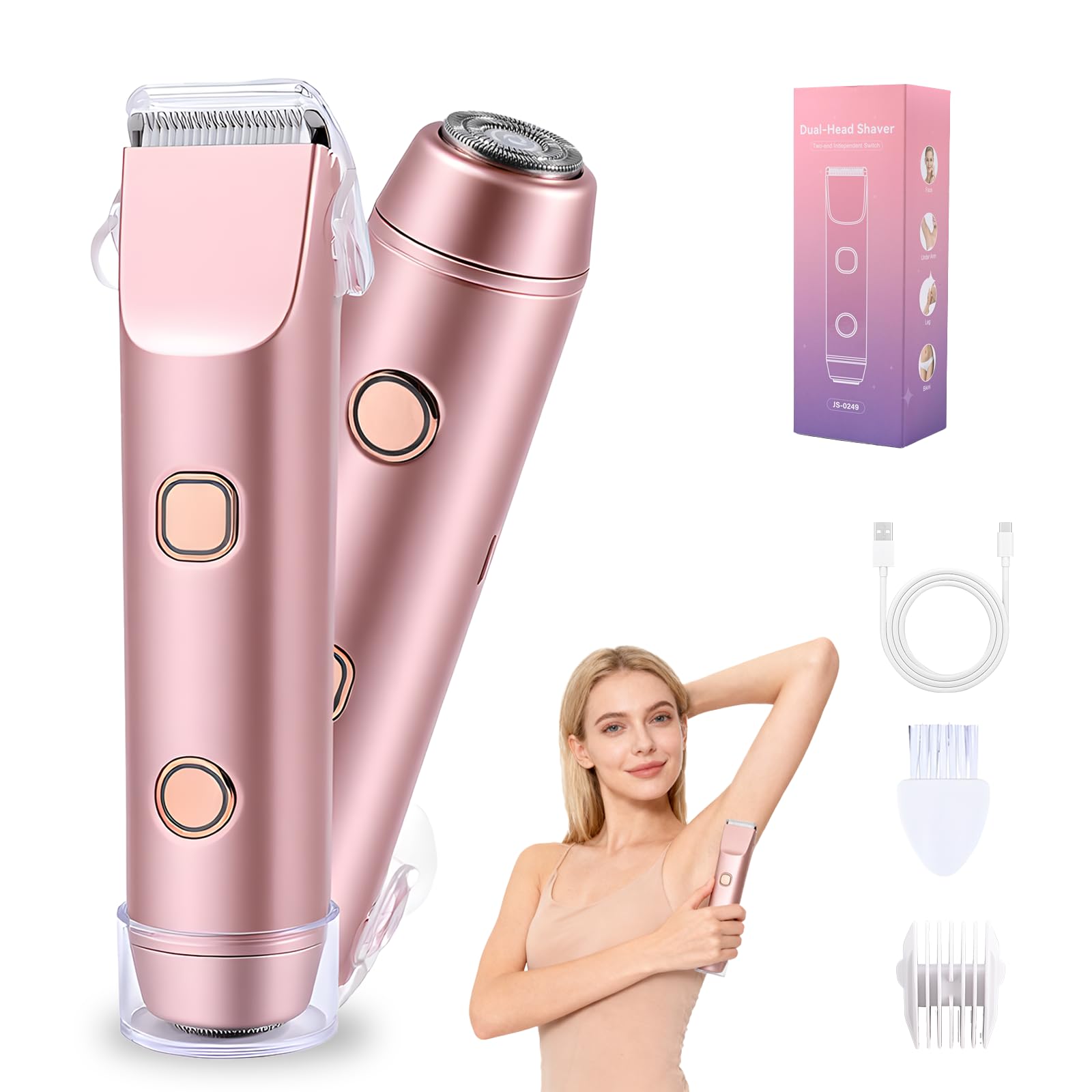 Carehabi Bikini Trimmer for Women, 2-in-1 Electric Razors for Women Pubic Hair, IPX7 Waterproof Cordless Shaver for Women Face & Body, Painless Ceramic Blade with Type-C Charging, Rose Gold