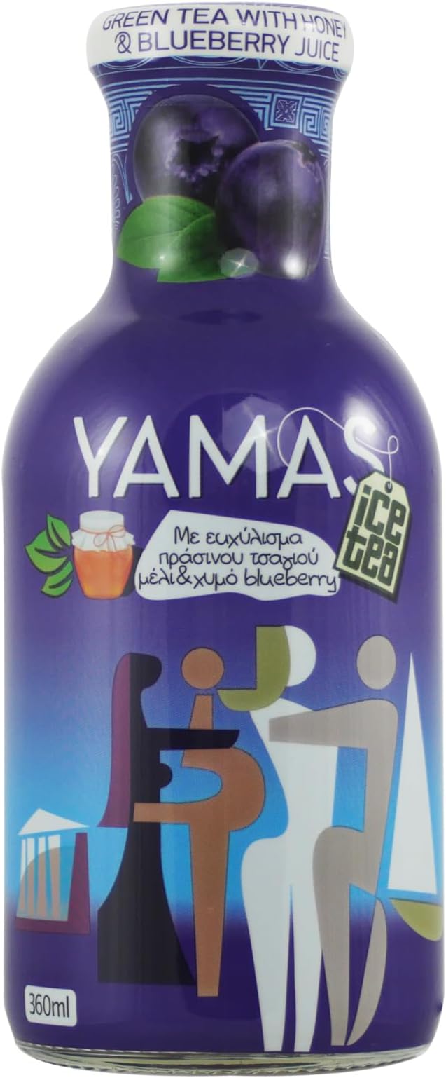 Yamas Green Tea with Blueberries - Natural, Sugar-Free, Gluten-Free Iced Tea Brewed from Real Tea Leaves & Blueberries - Low-Calorie Refreshment in Eco-Friendly Glass Bottle - 360ml