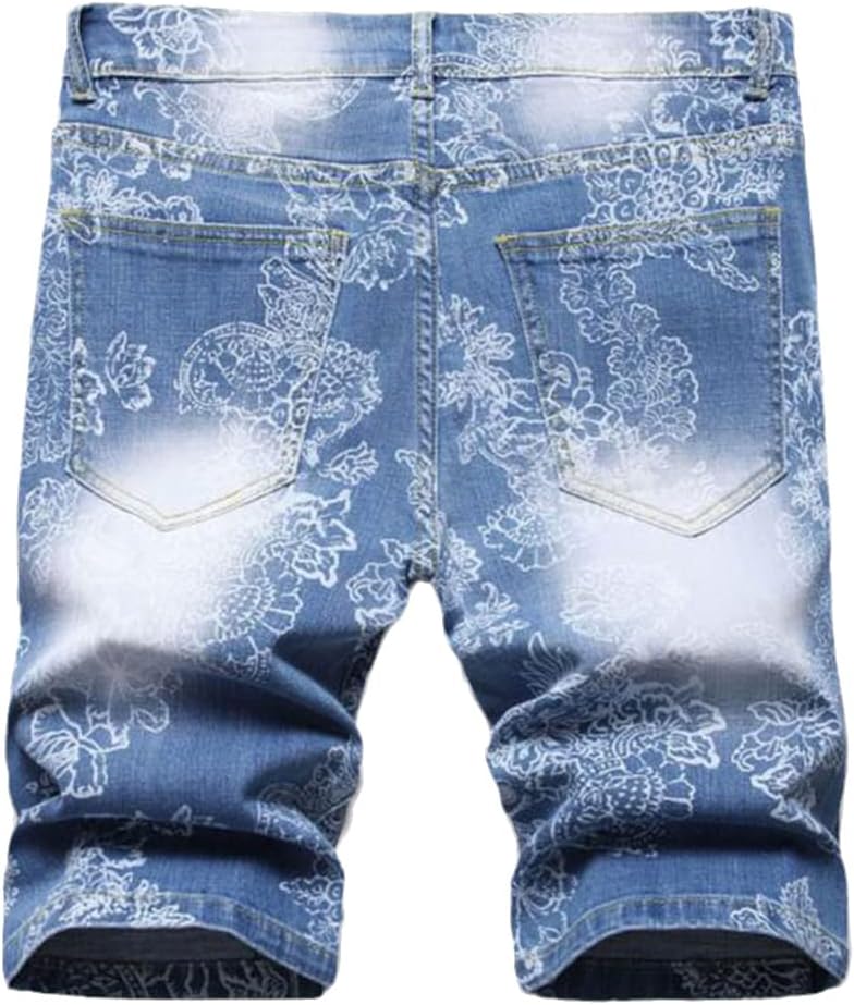 Men's Denim Shorts Classic Style Flower Printing Blue Slim Fit Short Jeans