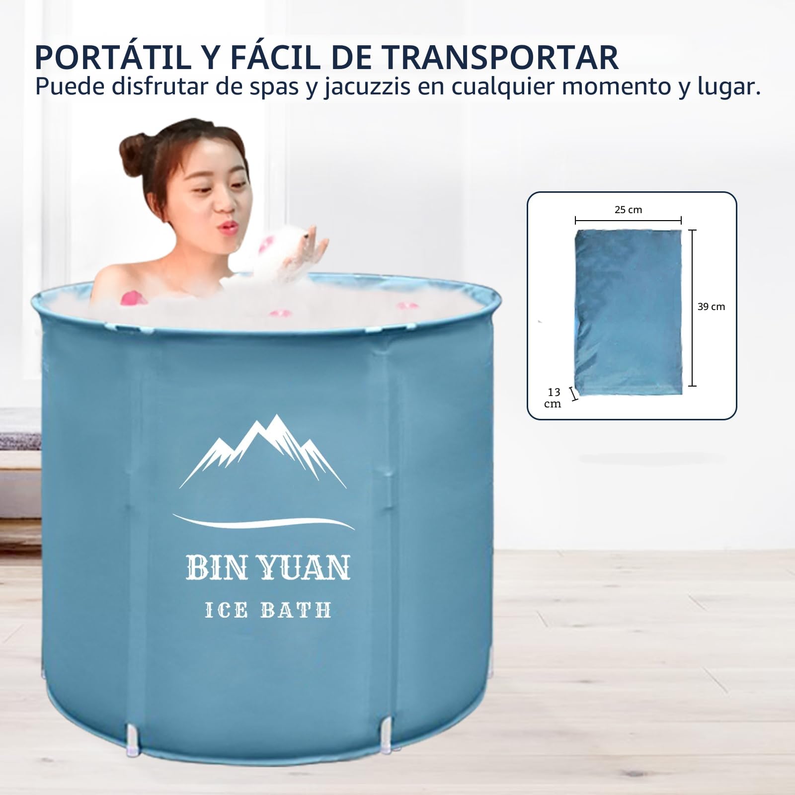 Bañera de hielo plegable, bañera de inmersión fría para adultos con estructura en forma de T actualizada, bañera de hidromasaje independiente para exteriores (Azul, ∅70x68cm)