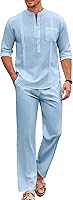COOFANDY Men's 2 Piece Linen Blend Henley Shirt & Loose Pants Set - Casual Long Sleeve Beach Vacation Outfits