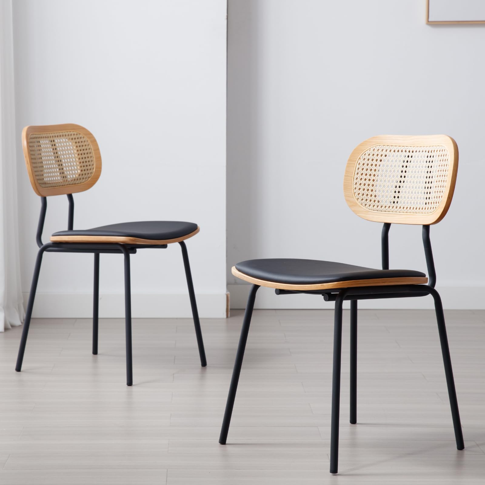Sillas Comedor Modernas Juego de 2 Sillas Cocina con Respaldo,Sillas de Rattán con Patas Negras Sillas de Salón Cojín de PU para Hogar/Restaurante,Negro