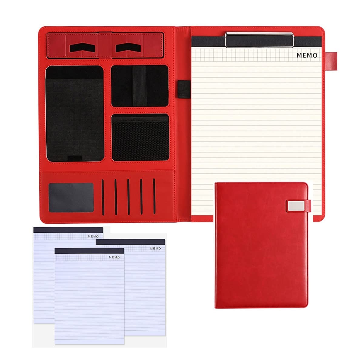 Porte-documents A4 en cuir rouge avec bloc-notes 25 feuilles rechargeable