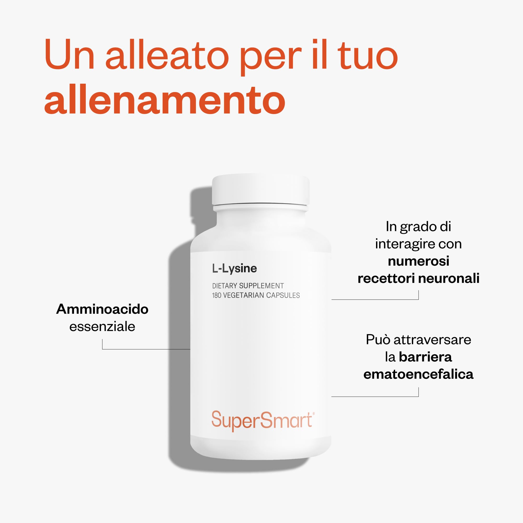 L-Lisina - Amminoacido Essenziale - Per il Supporto Muscolare e la Produzione di Collagene - 180 Capsule Vegetali - Vegan - SuperSmart
