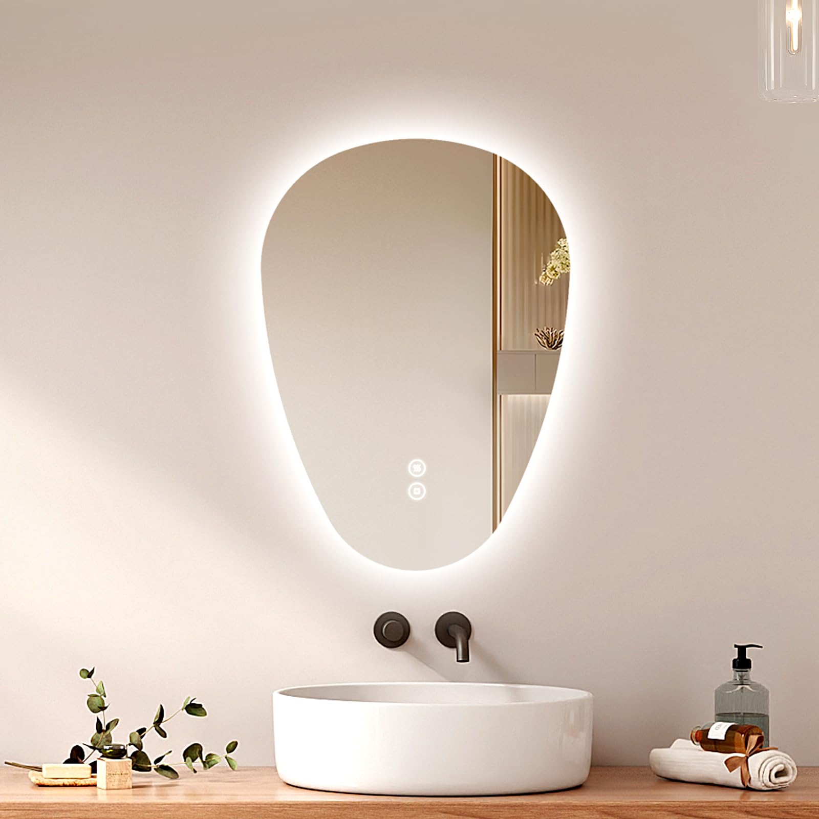 EMKE Espejo con iluminación LED asimétrico espejo de baño con iluminación 60 x 45 cm, interruptor táctil, 3 colores de luz, regulable, sin vaho, espejo de baño con iluminación, IP44, ahorro de energía