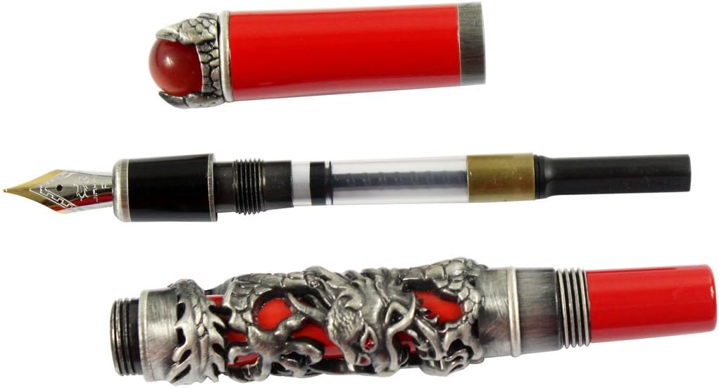 Gullor JinHao Antique Silver Dragon Style 3D Carved Fountain Pen With Red Pearl, Medium Nib, Red