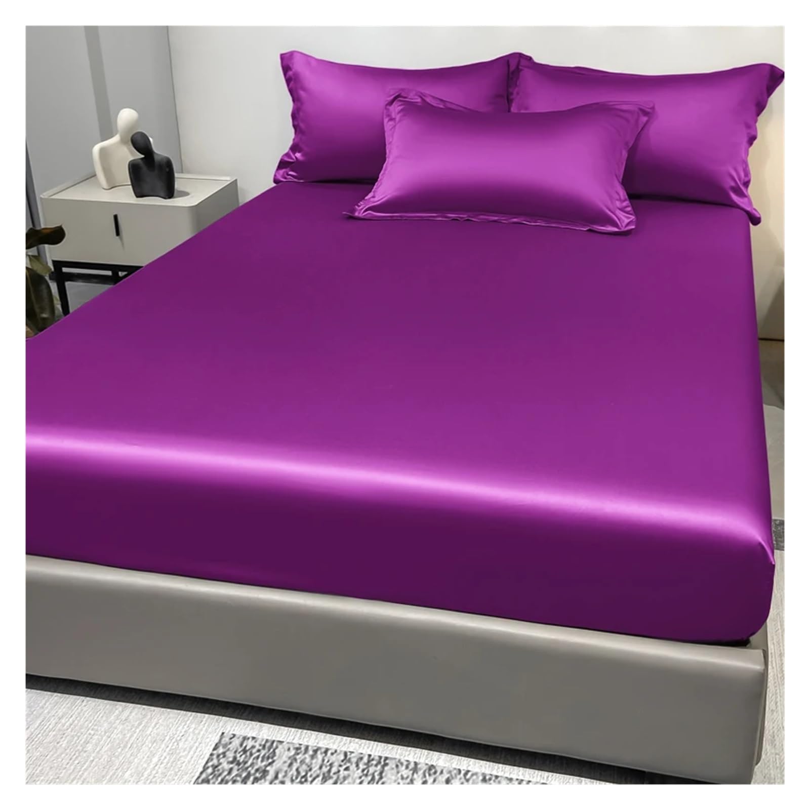 Drap housse en satin anti-plis, la fraîcheur de la soie glacée couleur unie