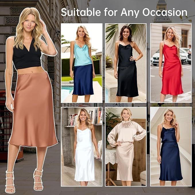 Women Solid High Waist Silky Casual Elastic Satin Midi Skirt -Made in USA (Available in Plus Size) - Image 5