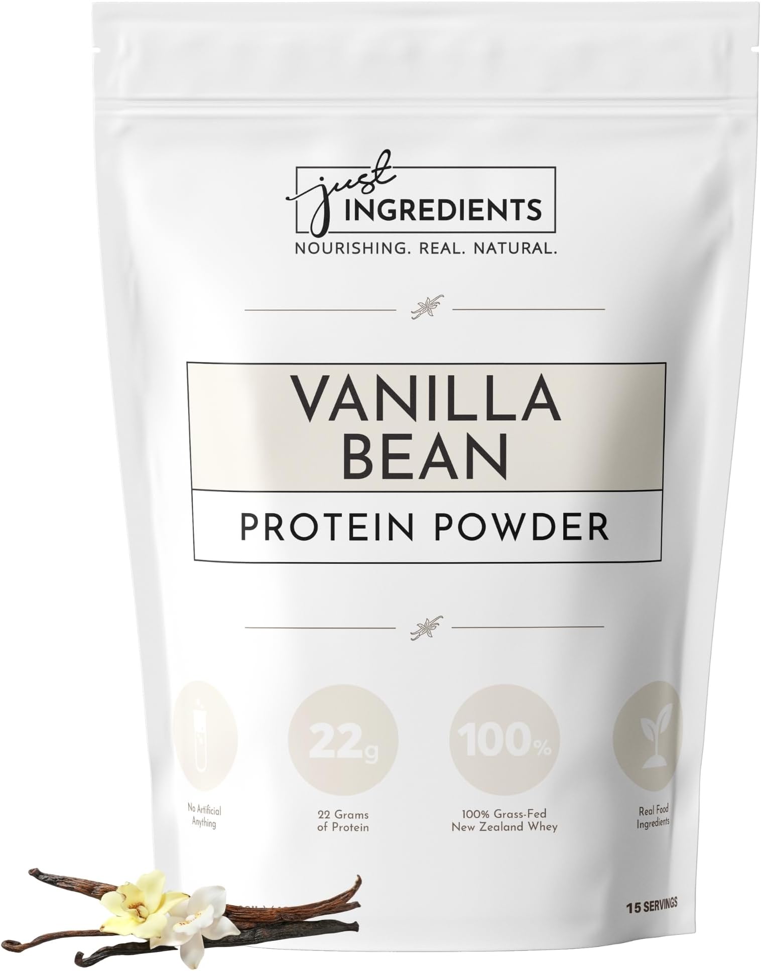 JUST INGREDIENTS Vanilla Protein Powder - Grass-Fed Whey Blend, Organic, Gluten Free - 15 Servings, 22g Protein