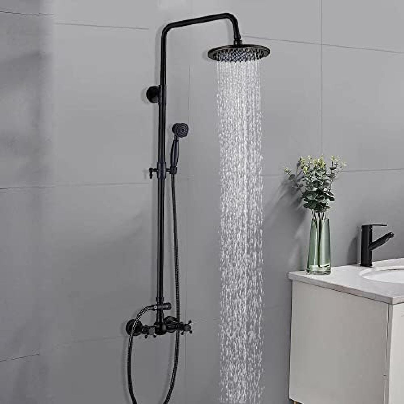 GLJTUO Wall Mounted Shower Faucet Set 8 Inch Rainfall Head Handheld Shower Bath Filler Hot and Cold Water Mixing Faucet-Oil Rubbed Bronze B,Antique Brass A,Oil Rubbed Bronze C