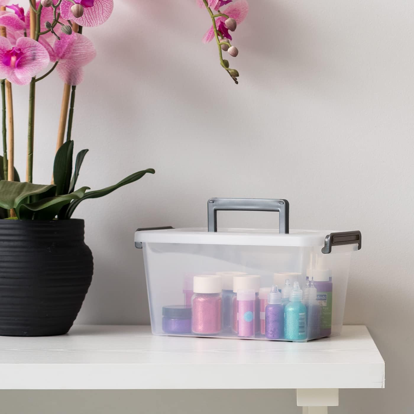 IRIS USA 5 Quart Clear Plastic Storage Bins with Secure Buckles and Portable Handle for Organizing Stationery, Craft, Toys, Health, Beauty and Household Supplies, Medium Deep, Clear/Silver, 6 Pack