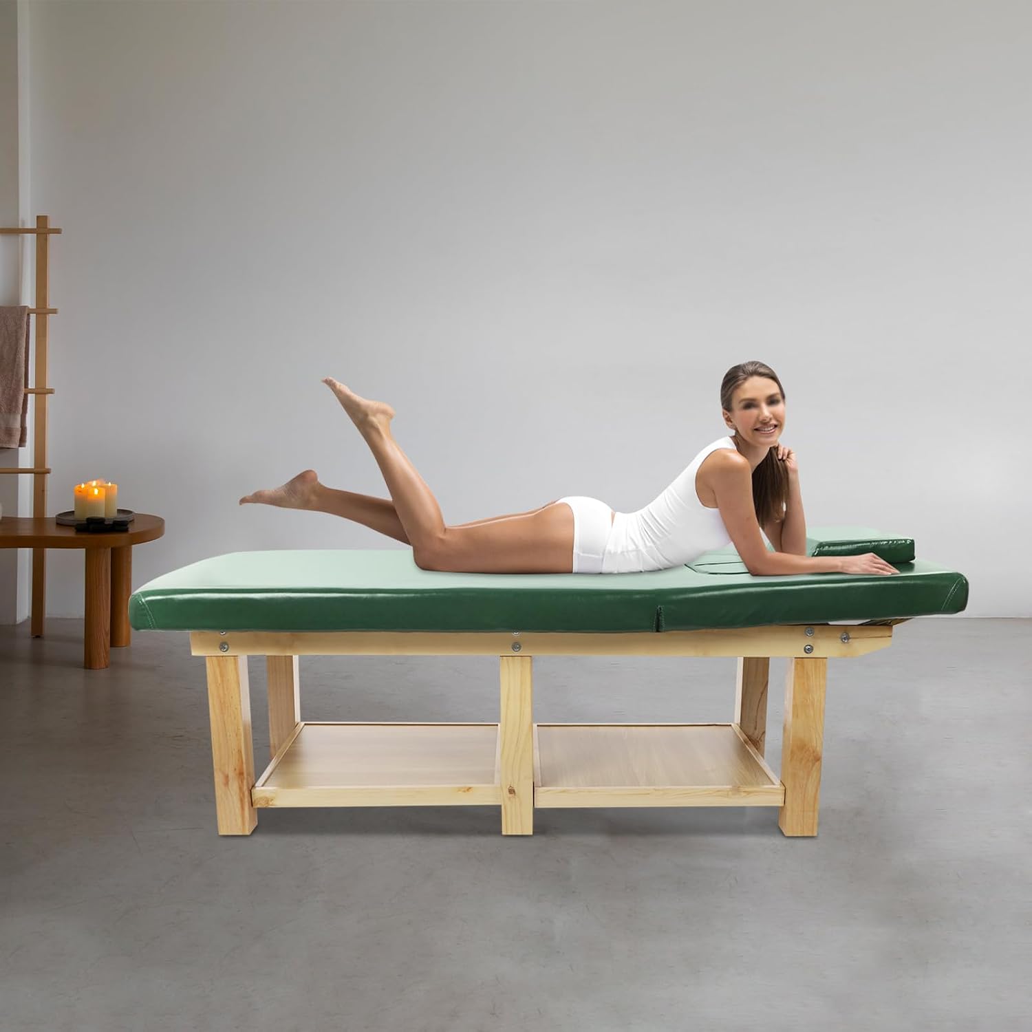 Wood Stationary Massage Table, Adjustable Foldable Spa Facial Bed with Storage Space and Pillow, 6 Legs for Treatment Physical Therapy Tatoo Salon Equipment (Green)